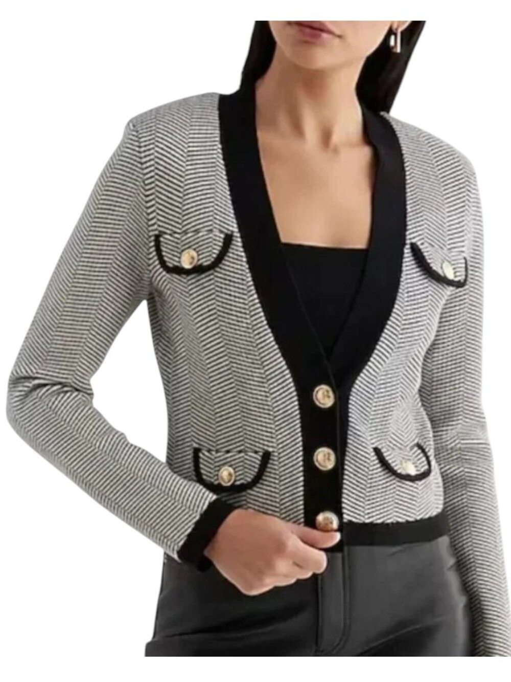 Express Chevron Striped Cardigan Knit Sweater Black White Women's L‎ Academia